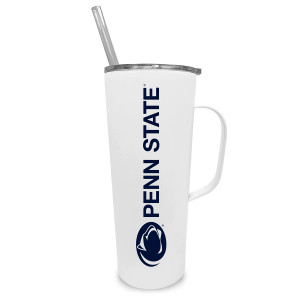 white travel mug with straw, Penn State and Athletic Logo up the side